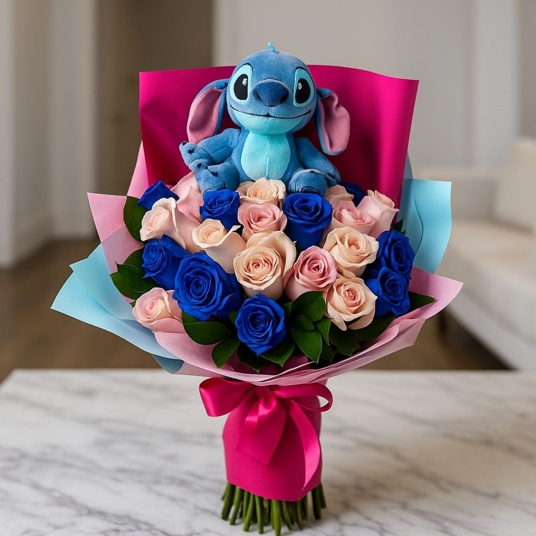 Bouquet de Rosas azules y rosadas + Stich