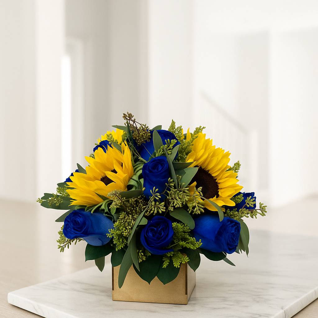 Energía Radiante: Girasoles y Rosas Azules