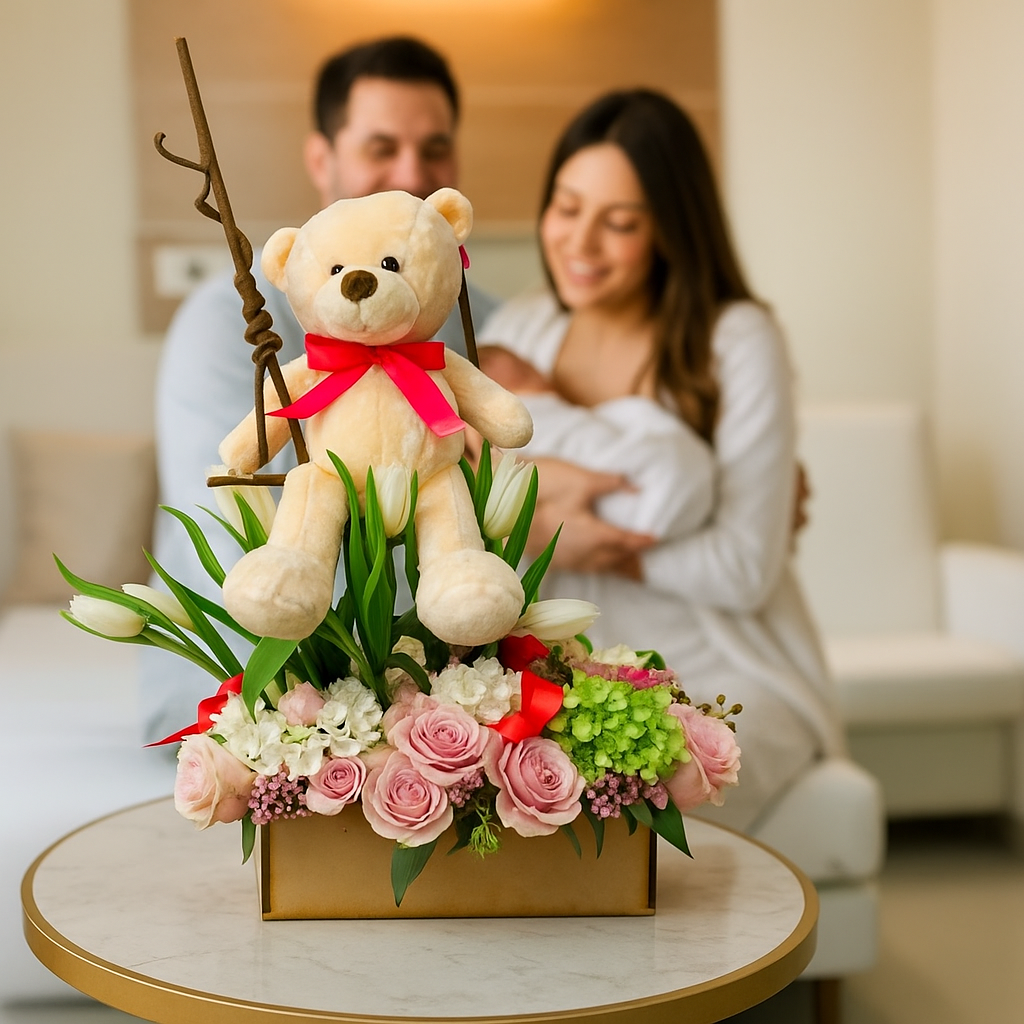Nacimiento -  Bienvenida de Oso en Columpio de Rosas y Tulipanes