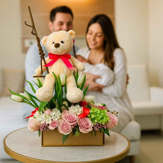 Nacimiento -  Bienvenida de Oso en Columpio de Rosas y Tulipanes