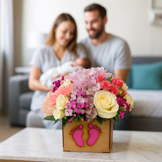 Nacimiento - Bienvenida Floral Mixta en Base de Madera (NIña)