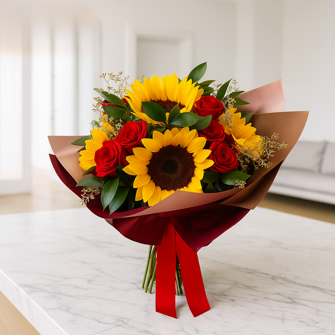 Bouquet - Pasión y Alegría: Ramo de Girasoles y Rosas Rojas
