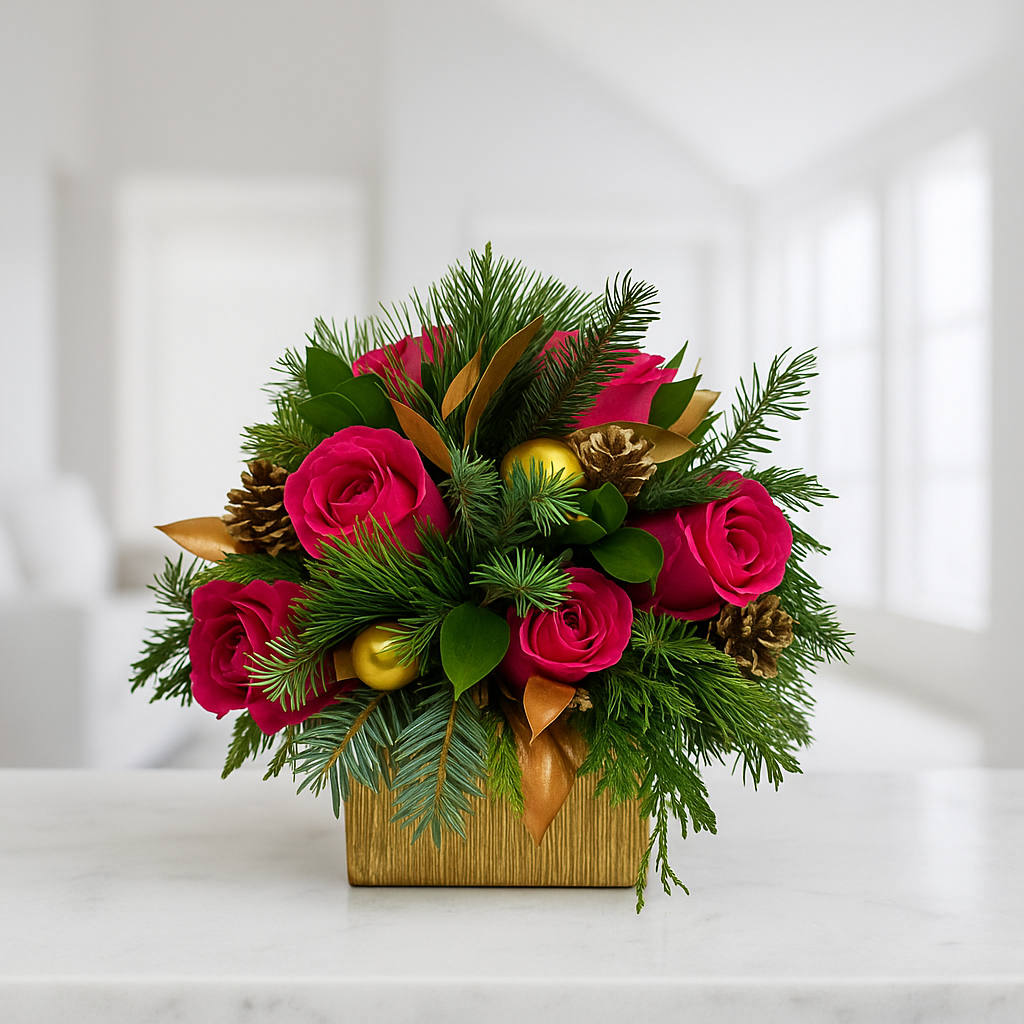 Centro de Mesa Navideño – Rosas Rojas, Blancas y Champagne