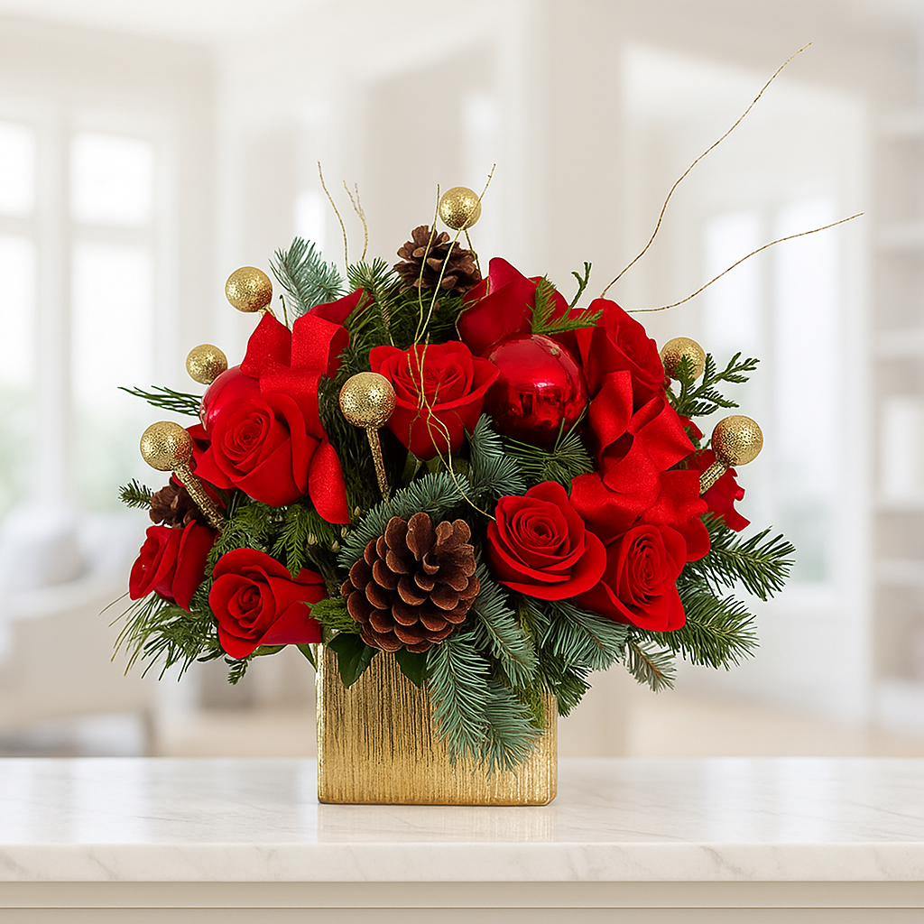 Centro de Mesa Navideño – Rosas Rojas, Blancas y Champagne