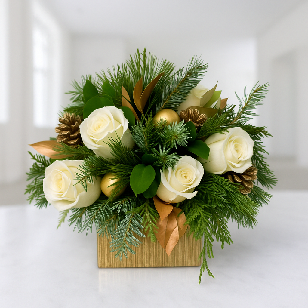 Centro de Mesa Navideño – Rosas Rojas, Blancas y Champagne