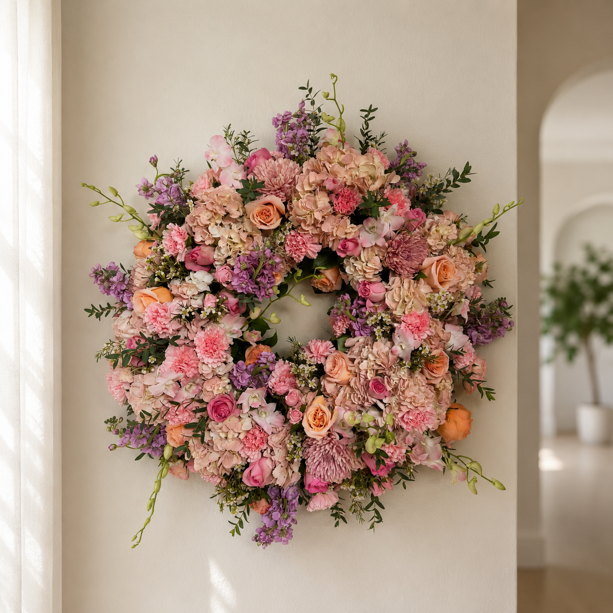 Corona Fúnebre Circular "Paz Eterna" – Hortensias, Rosas y Orquídeas en Tonos Pastel