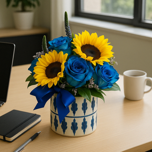 Azul Dorado – Arreglo Floral con Girasoles y Rosas Azules